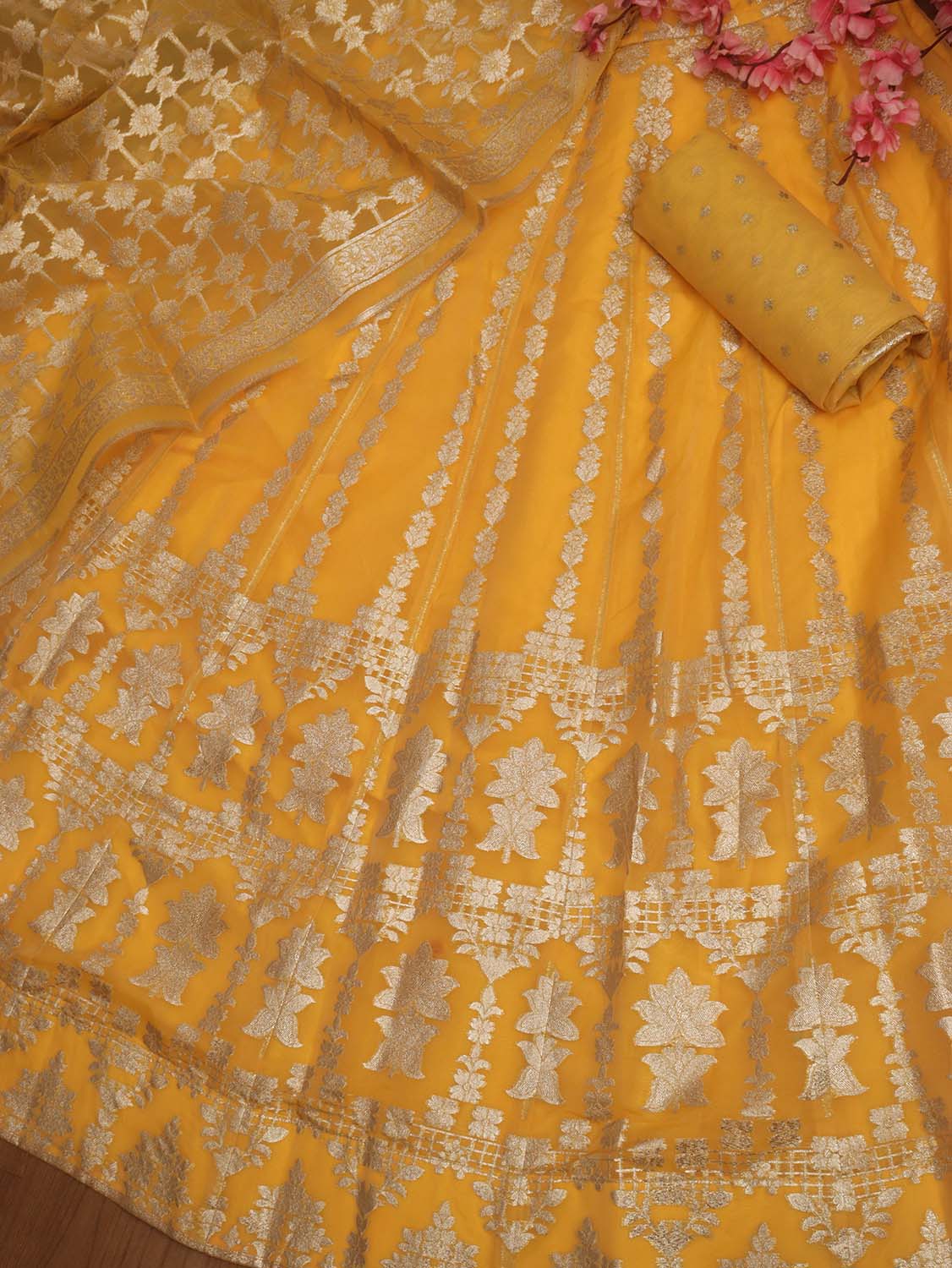 Yellow Handloom Banarasi Organza Silk Stitched Lehenga - Luxurion World