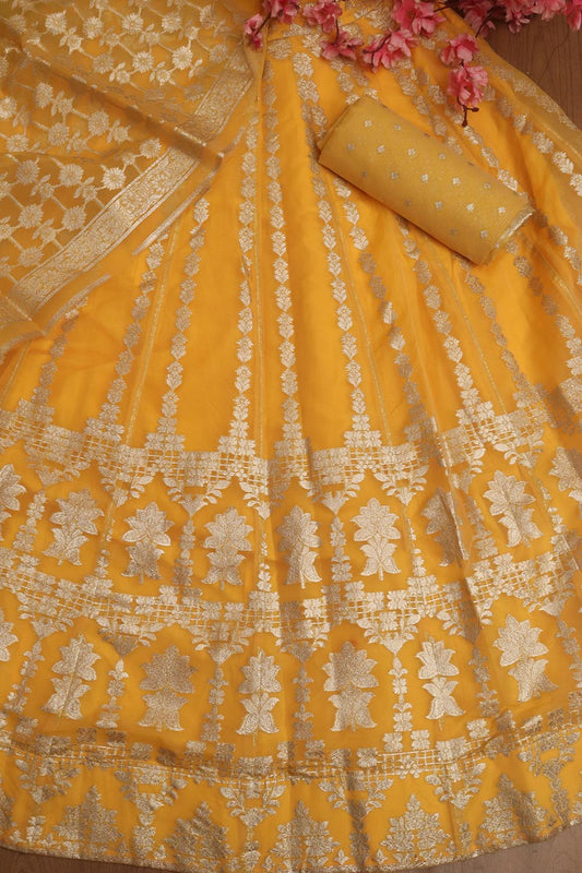 Yellow Handloom Banarasi Organza Silk Stitched Lehenga - Luxurion World