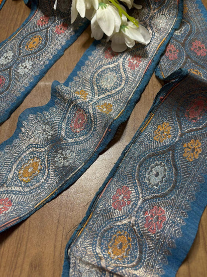 Blue Banarasi Handloom Vintage Pure Silk Border ( 0.75 Mtr ) - Luxurion World