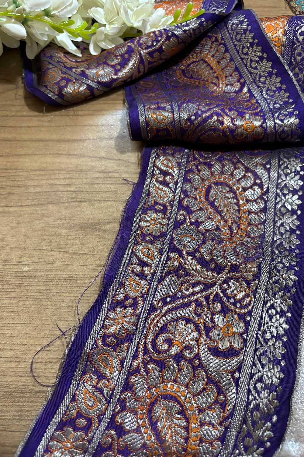 Exquisite Purple Banarasi Handloom Vintage Pure Silk Border ( 1 Mtr ) - Luxurion World