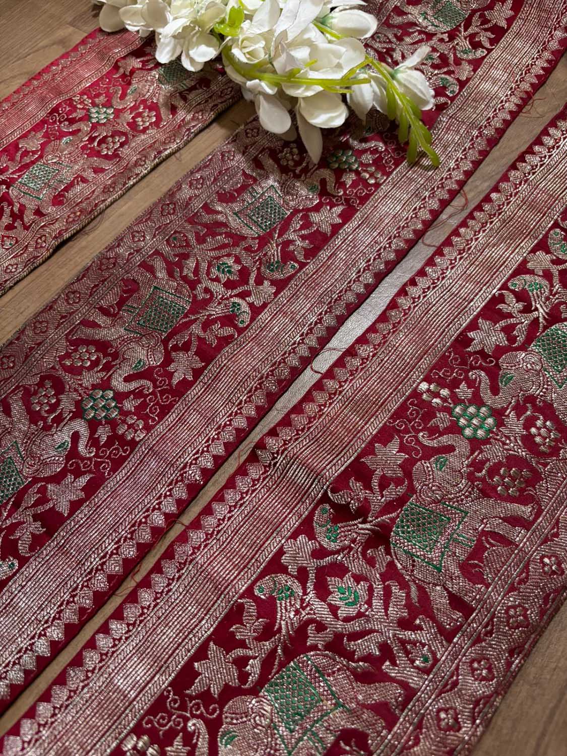 Red Banarasi Handloom Vintage Pure Silk Border ( 1 Mtr ) - Luxurion World