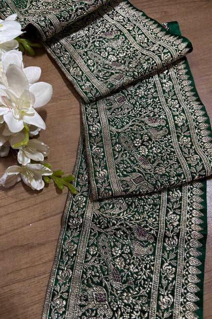 Green Banarasi Handloom Vintage Pure Silk Border ( 1 Mtr ) - Luxurion World
