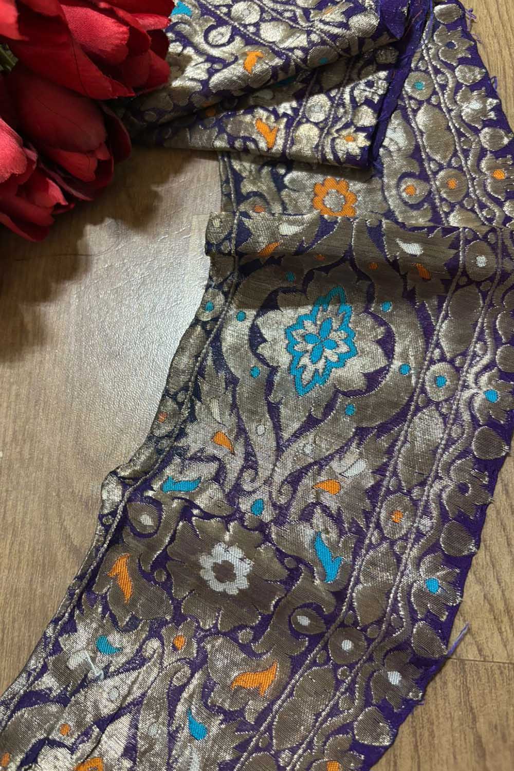 Exquisite Purple Banarasi Handloom Vintage Pure Silk Border ( 1 Mtr ) - Luxurion World