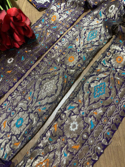 Exquisite Purple Banarasi Handloom Vintage Pure Silk Border ( 1 Mtr ) - Luxurion World