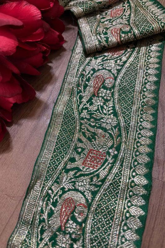 Green Banarasi Handloom Vintage Pure Silk Border ( 1 Mtr ) - Luxurion World