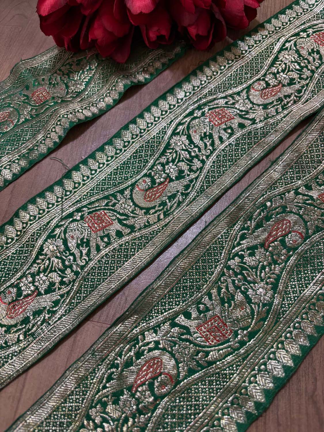 Green Banarasi Handloom Vintage Pure Silk Border ( 1 Mtr ) - Luxurion World