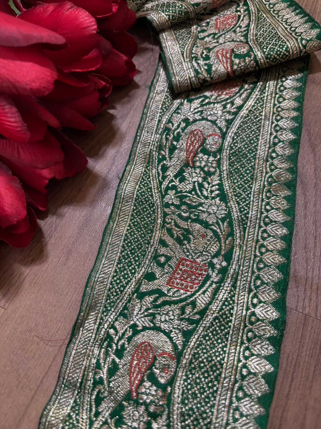 Green Banarasi Handloom Vintage Pure Silk Border ( 1 Mtr ) - Luxurion World