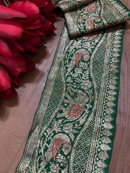 Green Banarasi Handloom Vintage Pure Silk Border ( 1 Mtr ) - Luxurion World