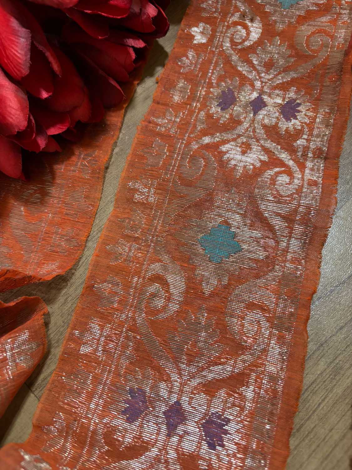 Orange Banarasi Handloom Vintage Pure Silk Border ( 1 Mtr ) - Luxurion World