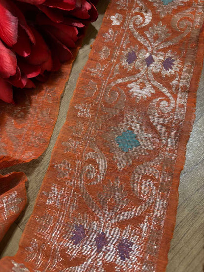 Orange Banarasi Handloom Vintage Pure Silk Border ( 1 Mtr ) - Luxurion World