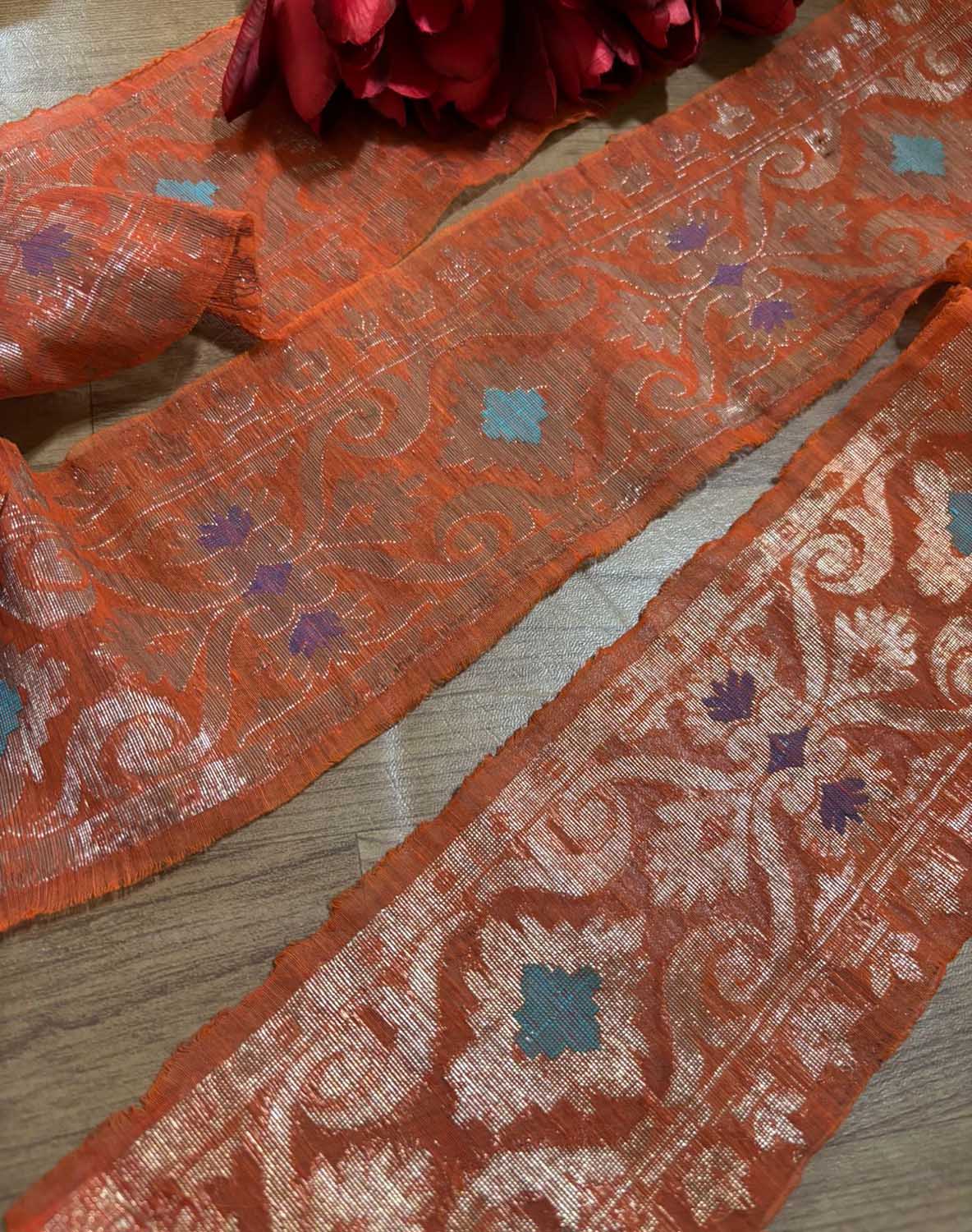 Orange Banarasi Handloom Vintage Pure Silk Border ( 1 Mtr ) - Luxurion World