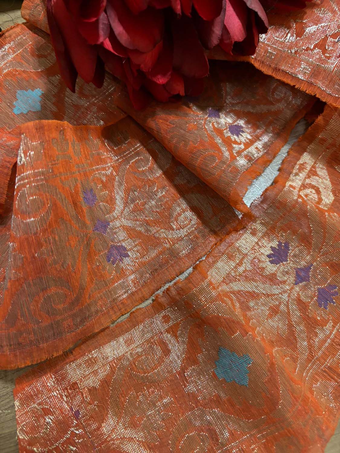 Orange Banarasi Handloom Vintage Pure Silk Border ( 1 Mtr ) - Luxurion World