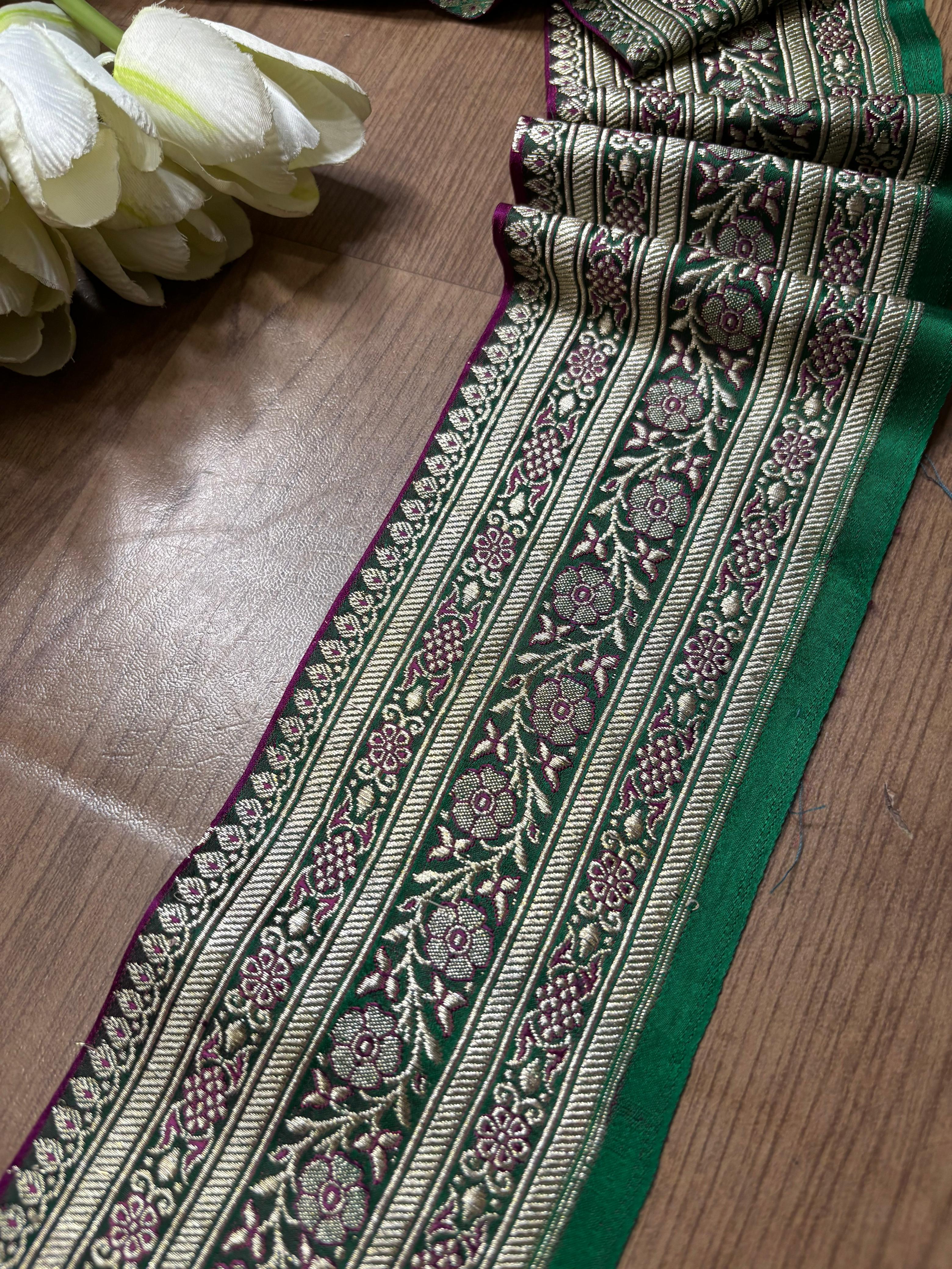Purple And Green Banarasi Handloom Vintage Pure Silk Border ( 1 Mtr ) - Luxurion World