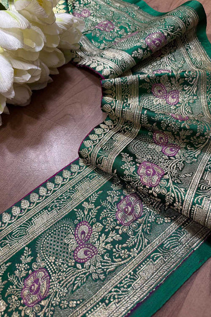 Green Banarasi Handloom Vintage Pure Silk Border ( 1 Mtr ) - Luxurion World