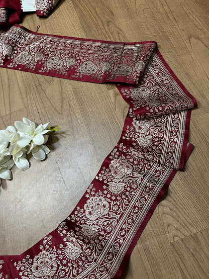 Red Banarasi Handloom Vintage Pure Silk Border ( 1 Mtr ) - Luxurion World