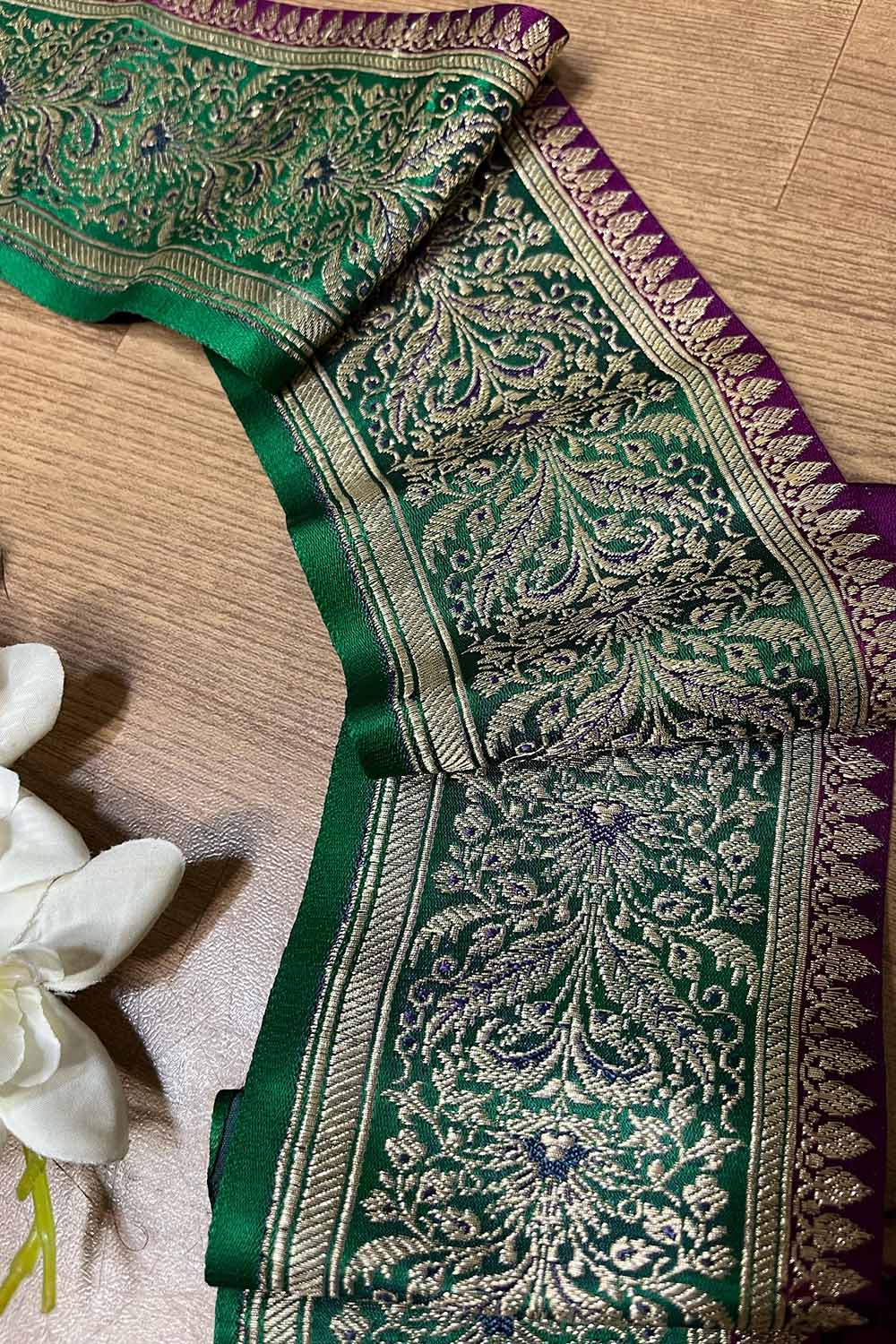 Green Banarasi Handloom Vintage Pure Silk Border ( 1.75 Mtr ) - Luxurion World