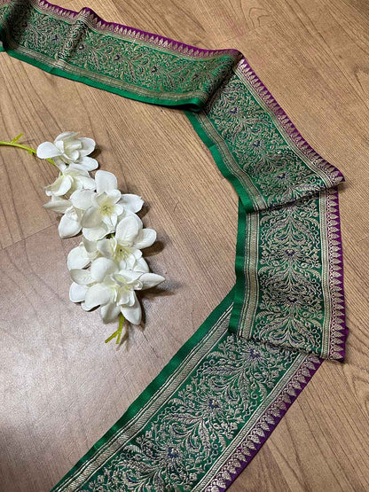 Green Banarasi Handloom Vintage Pure Silk Border ( 1.75 Mtr ) - Luxurion World