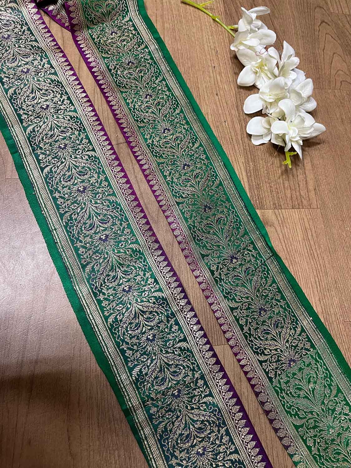 Green Banarasi Handloom Vintage Pure Silk Border ( 1.75 Mtr ) - Luxurion World