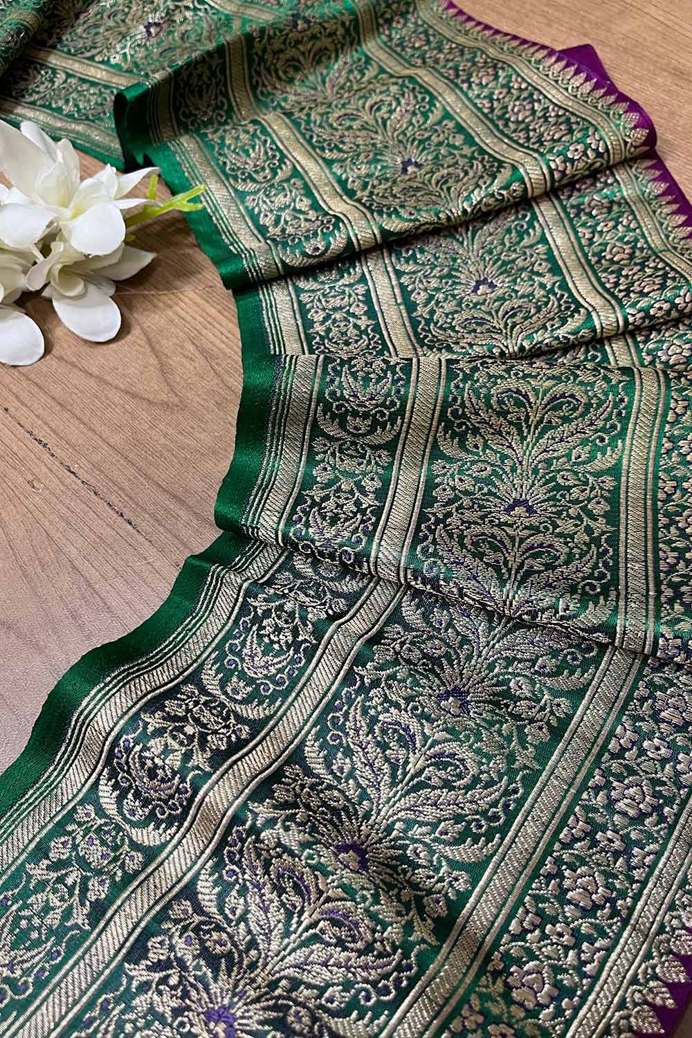 Green Banarasi Handloom Vintage Pure Silk Border ( 1 Mtr ) - Luxurion World