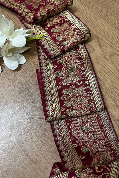 Maroon Banarasi Handloom Vintage Pure Silk Border ( 1 Mtr ) - Luxurion World