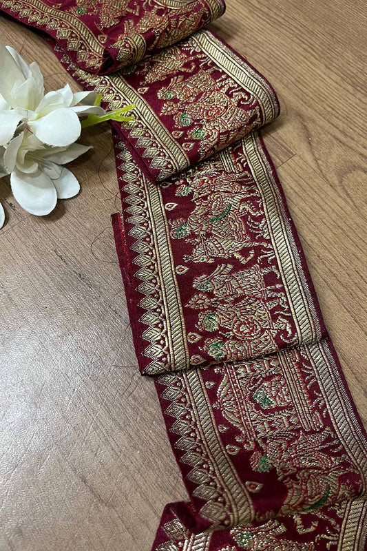 Maroon Banarasi Handloom Vintage Pure Silk Border ( 1 Mtr ) - Luxurion World