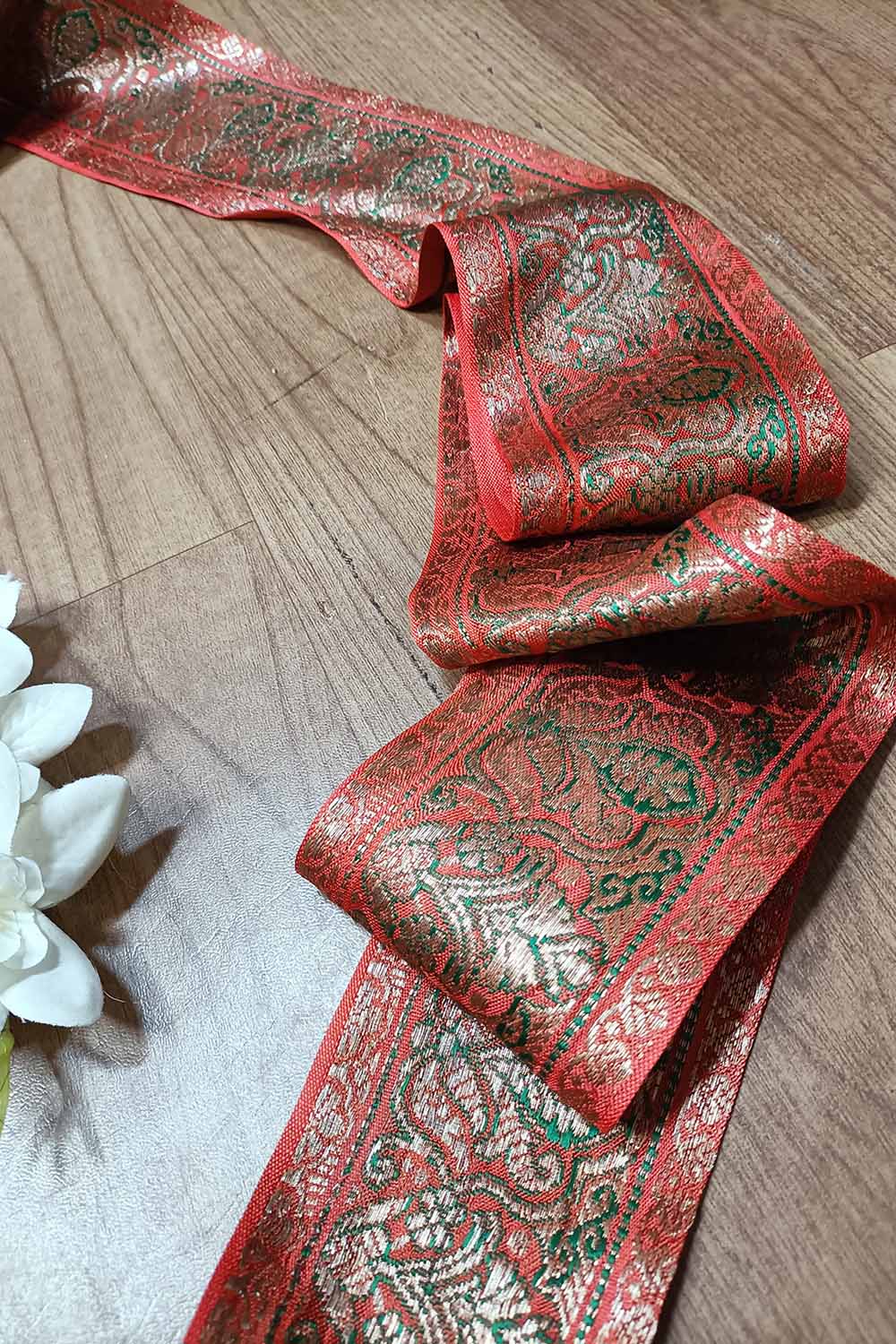 Orange Banarasi Handloom Vintage Pure Silk Border ( 1 Mtr ) - Luxurion World