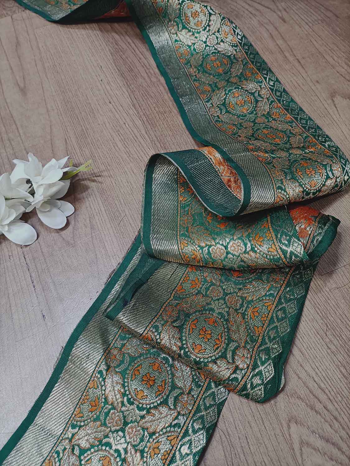 Green Banarasi Handloom Vintage Pure Silk Border ( 1 Mtr ) - Luxurion World