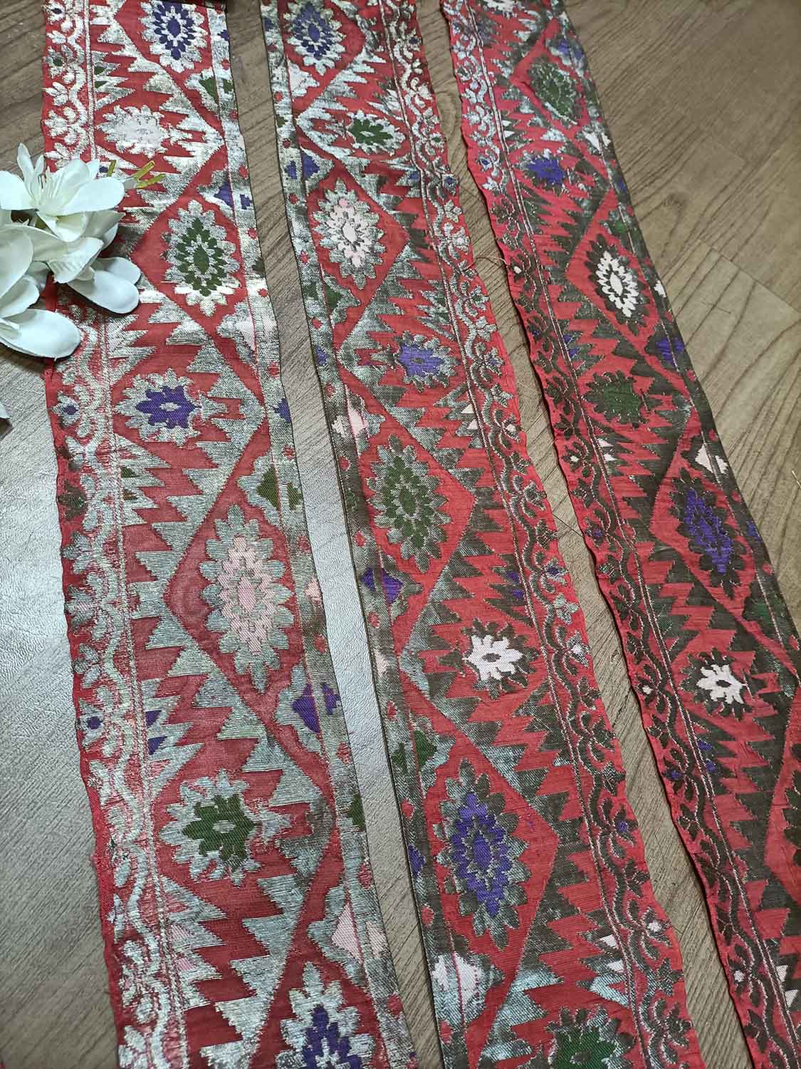 Red Banarasi Handloom Vintage Pure Silk Border ( 1 Mtr ) - Luxurion World