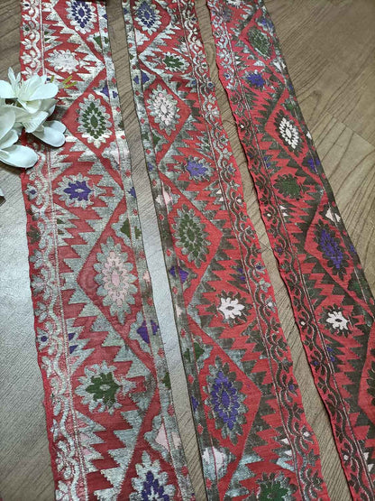 Red Banarasi Handloom Vintage Pure Silk Border ( 1 Mtr ) - Luxurion World