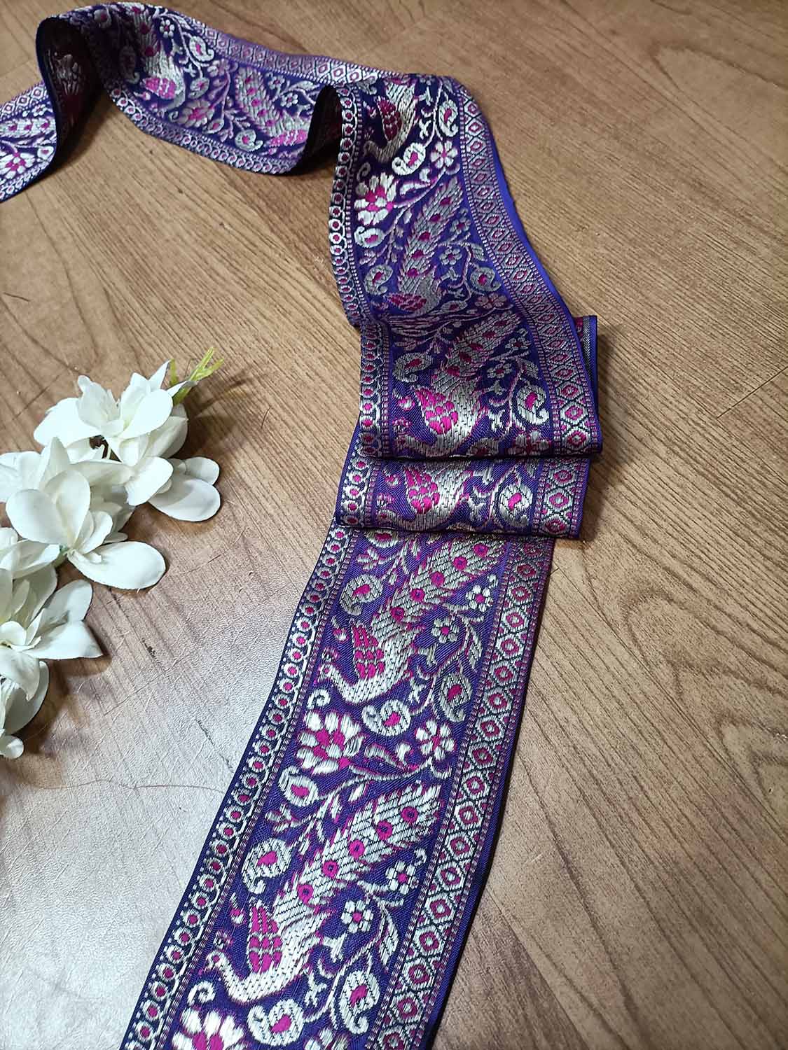 Purple Banarasi Handloom Vintage Pure Silk Border ( 1 Mtr ) - Luxurion World