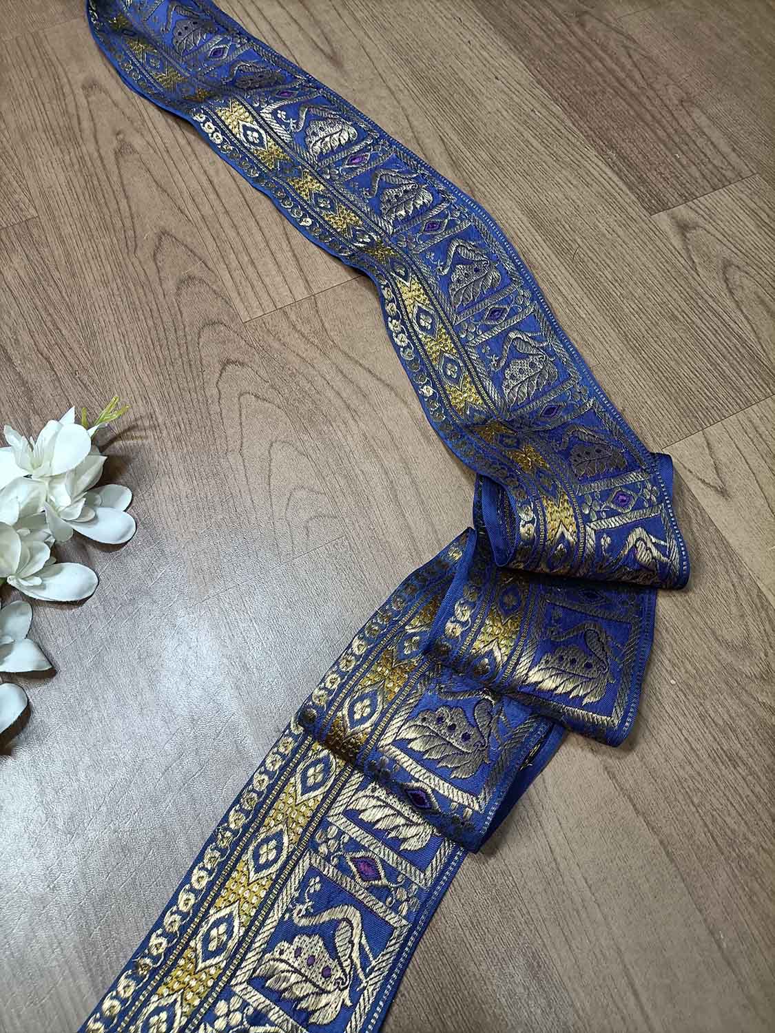 Blue Banarasi Handloom Vintage Pure Silk Border ( 1 Mtr ) - Luxurion World