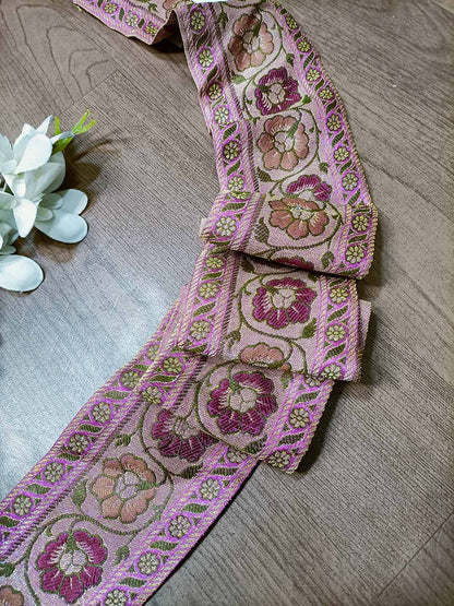 Pink Banarasi Handloom Vintage Pure Silk Border ( 0.75 Mtr ) - Luxurion World