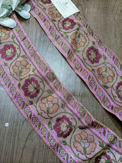 Pink Banarasi Handloom Vintage Pure Silk Border ( 0.75 Mtr ) - Luxurion World