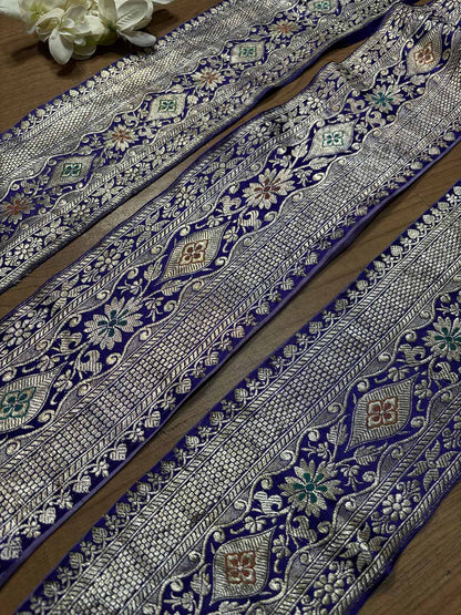 Blue Banarasi Handloom Vintage Pure Silk Border ( 0.75 Mtr ) - Luxurion World