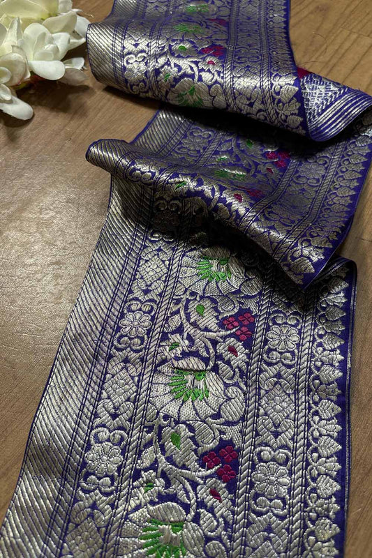 Blue Banarasi Handloom Vintage Pure Silk Border ( 0.75 Mtr ) - Luxurion World