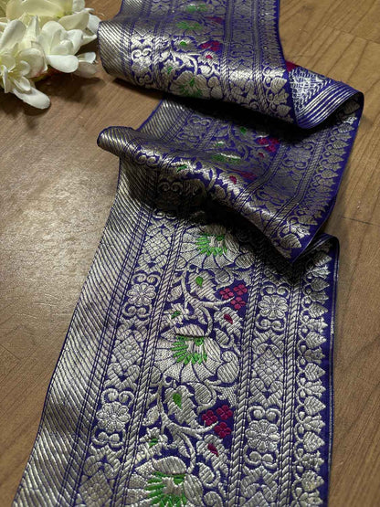 Blue Banarasi Handloom Vintage Pure Silk Border ( 0.75 Mtr ) - Luxurion World