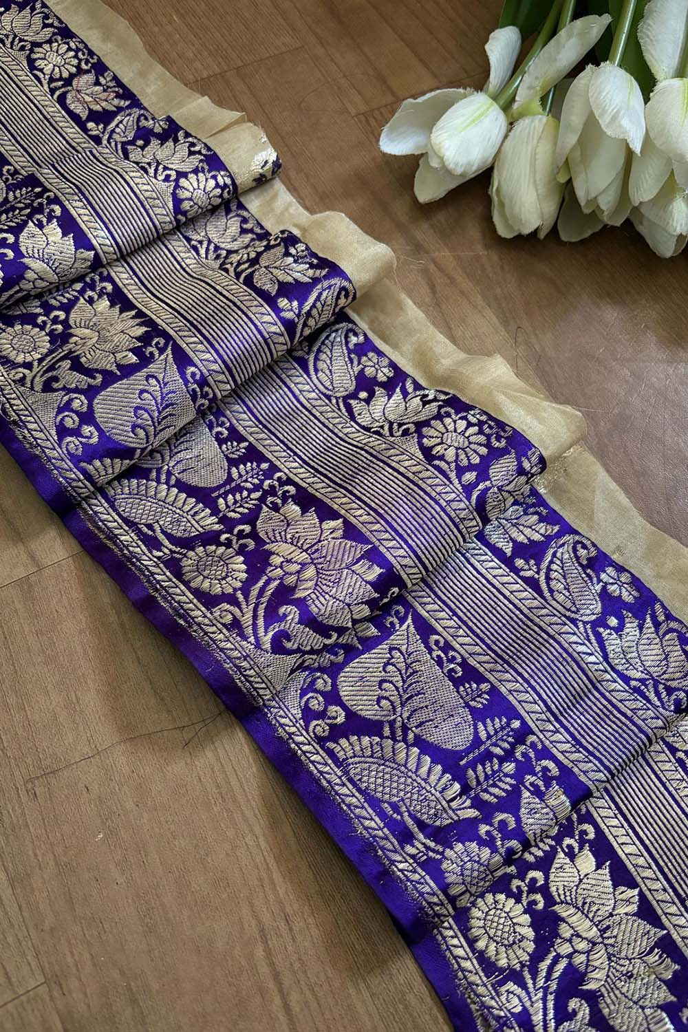 Blue Banarasi Handloom Vintage Pure Silk Border ( 0.75 Mtr ) - Luxurion World