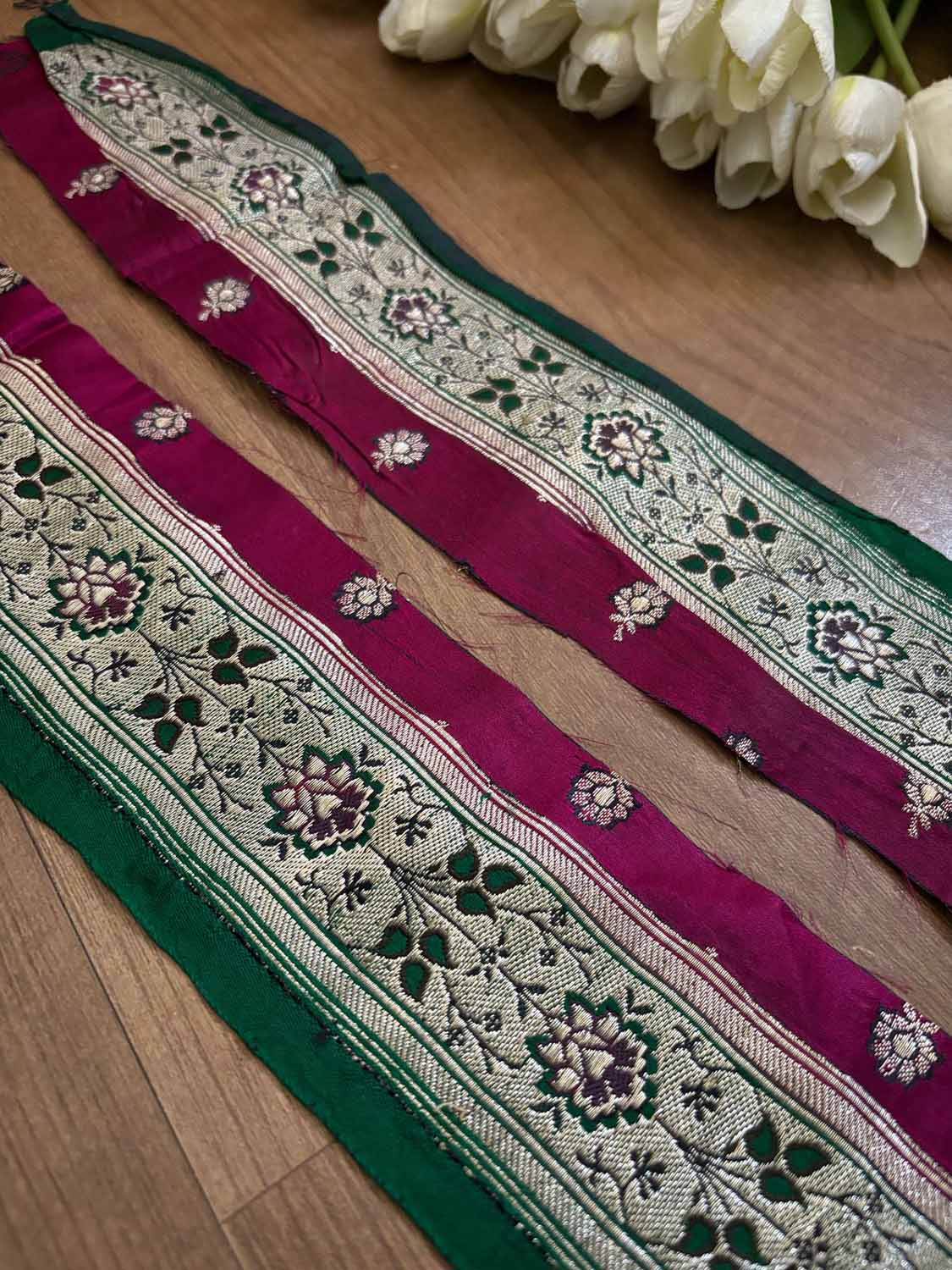 Green Banarasi Handloom Vintage Pure Silk Border ( 1 Mtr ) - Luxurion World