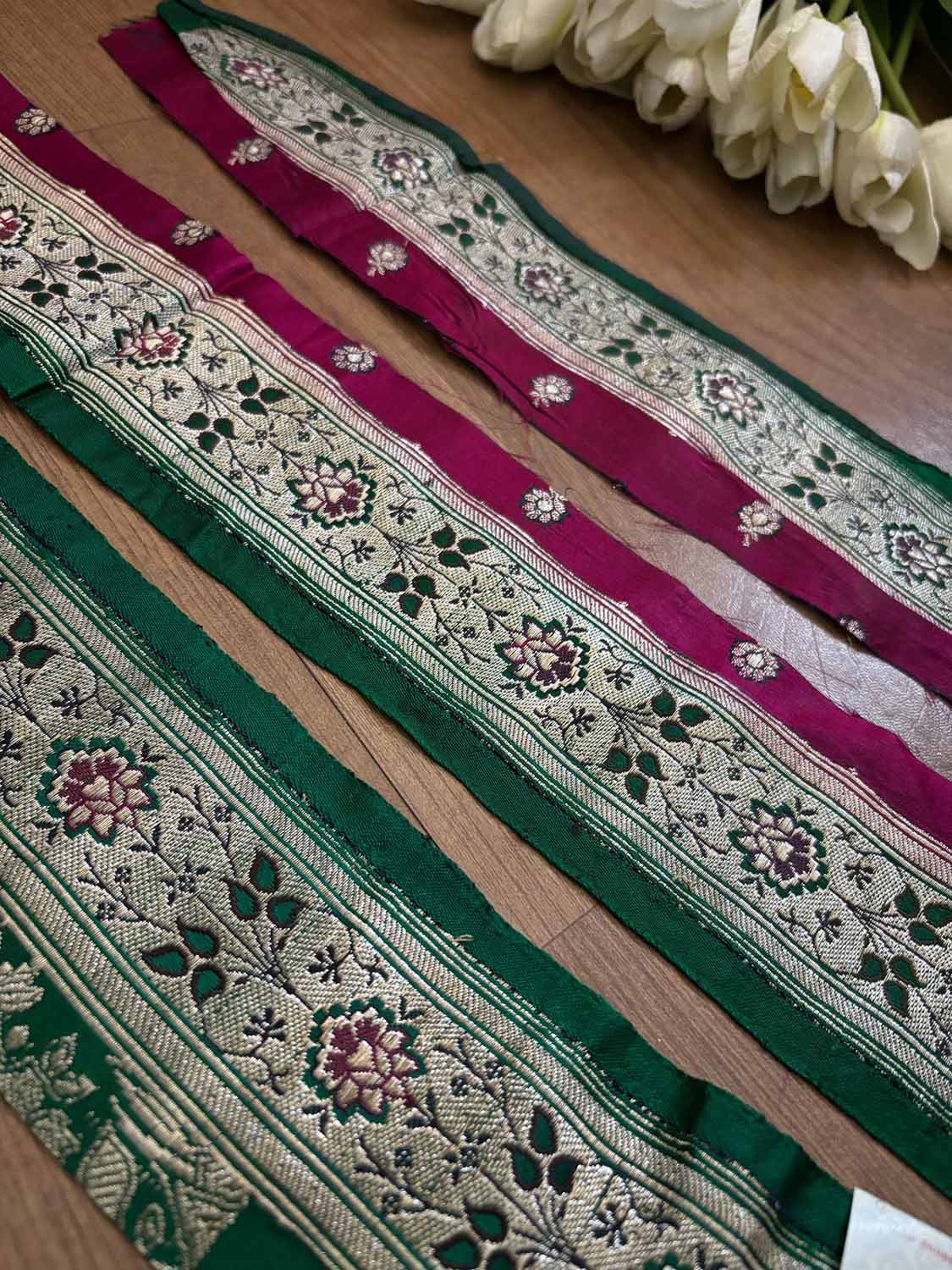 Green Banarasi Handloom Vintage Pure Silk Border ( 1 Mtr ) - Luxurion World
