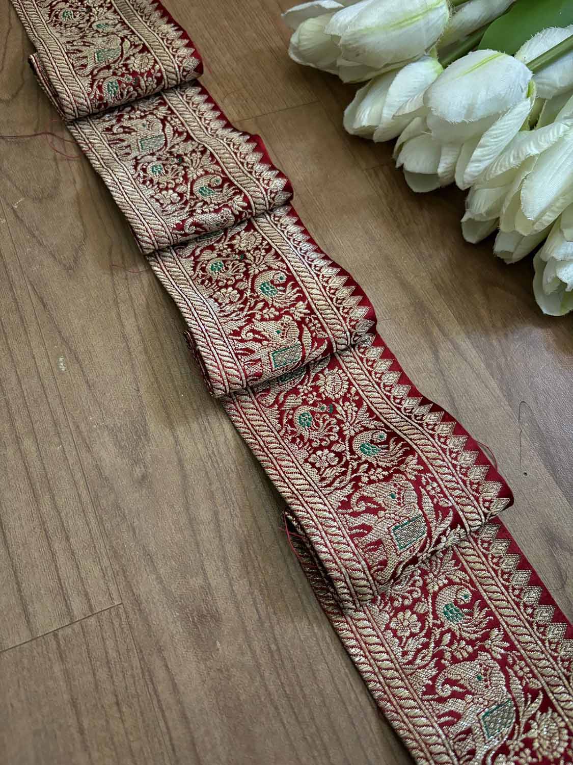 Maroon Banarasi Handloom Vintage Pure Silk Border ( 1 Mtr ) - Luxurion World