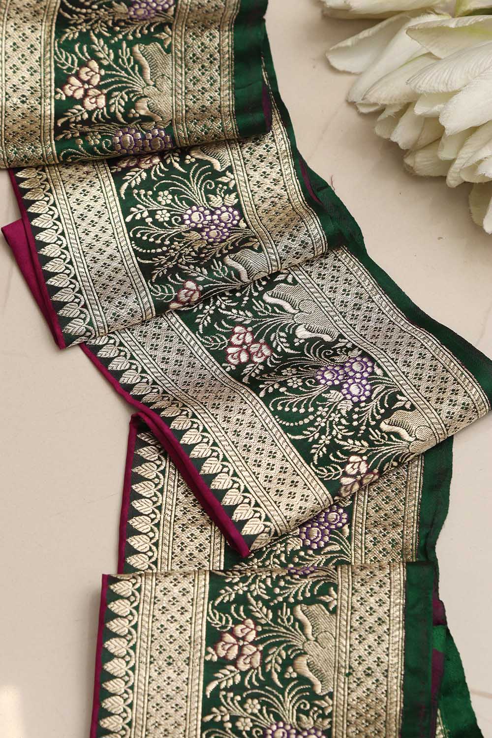 Green Banarasi Handloom Vintage Pure Silk Border ( 1 Mtr ) - Luxurion World