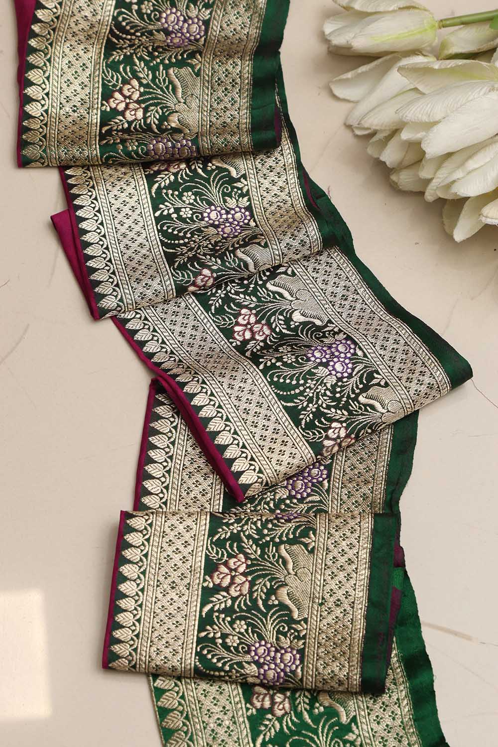 Green Banarasi Handloom Vintage Pure Silk Border ( 1 Mtr ) - Luxurion World