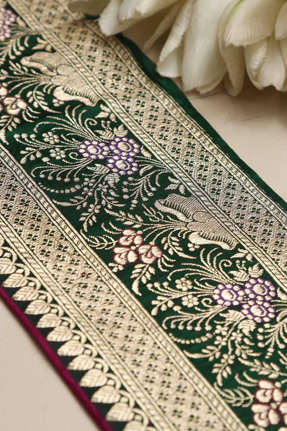 Green Banarasi Handloom Vintage Pure Silk Border ( 1 Mtr ) - Luxurion World
