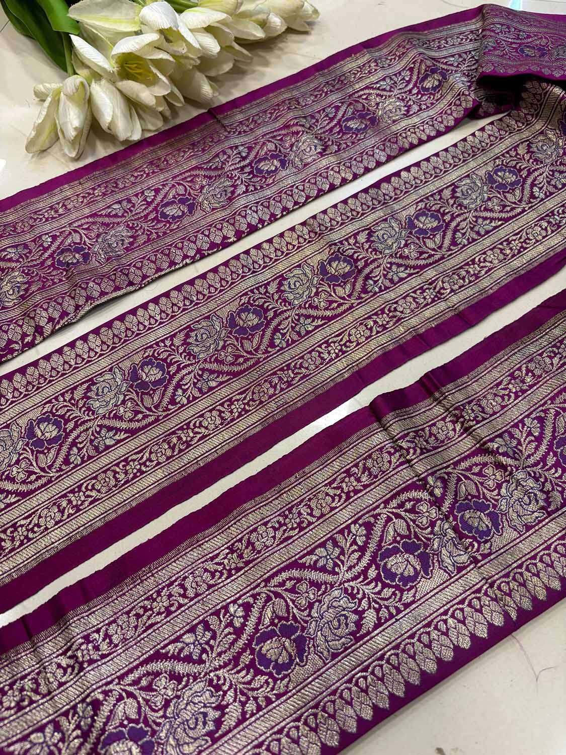 Exquisite Purple Banarasi Handloom Vintage Pure Silk Border ( 1 Mtr ) - Luxurion World