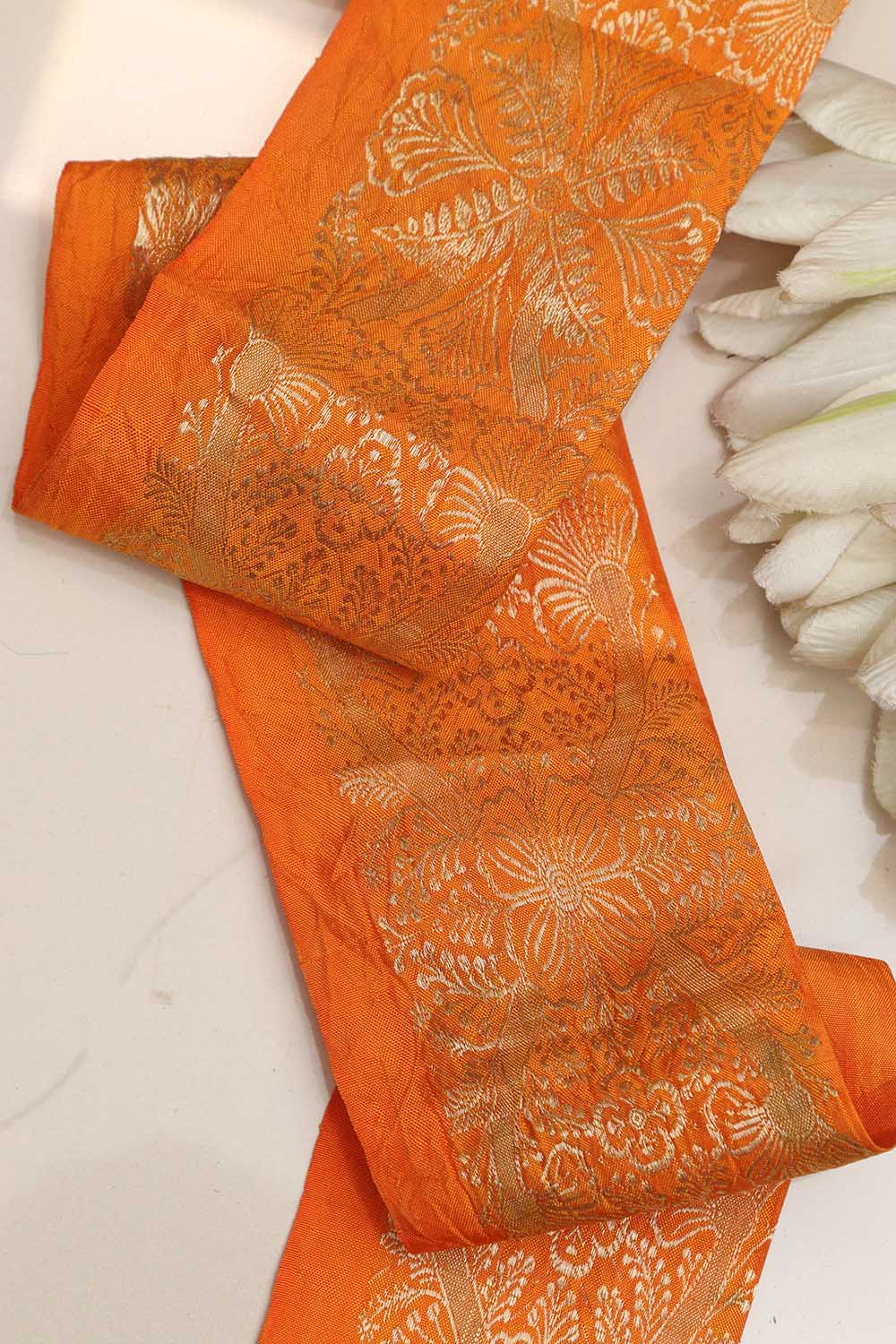 Orange Banarasi Handloom Vintage Pure Silk Border ( 1 Mtr ) - Luxurion World