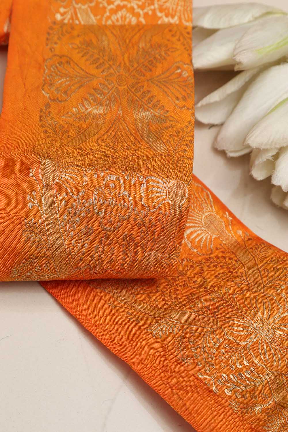 Orange Banarasi Handloom Vintage Pure Silk Border ( 1 Mtr ) - Luxurion World