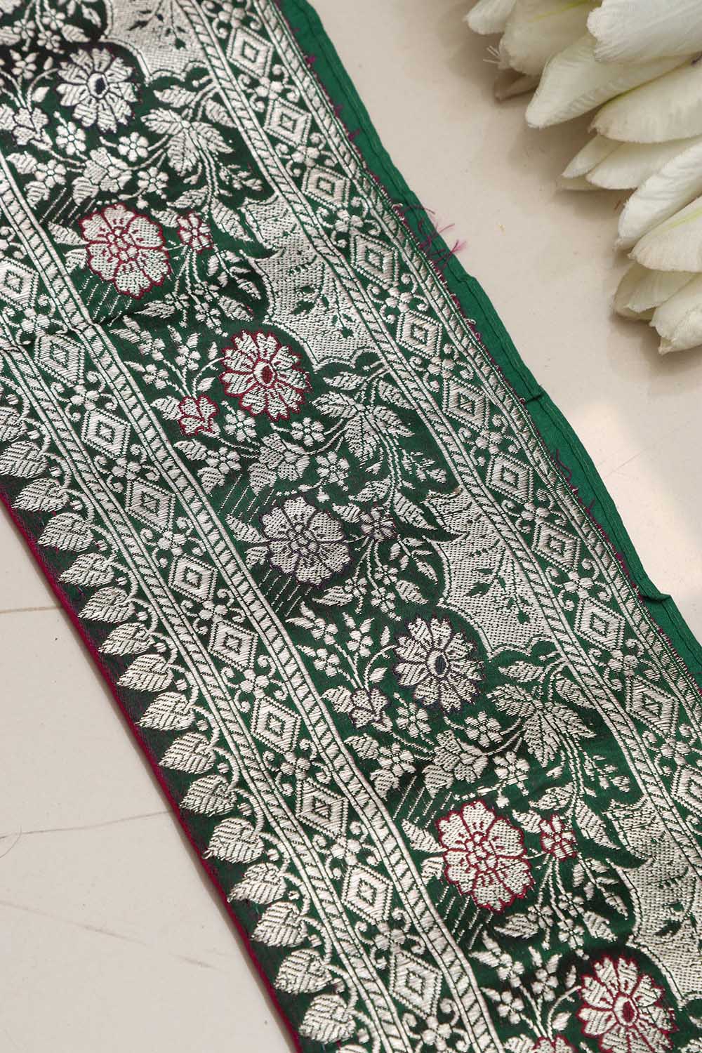 Green Banarasi Handloom Vintage Pure Silk Border ( 0.5 Mtr ) - Luxurion World