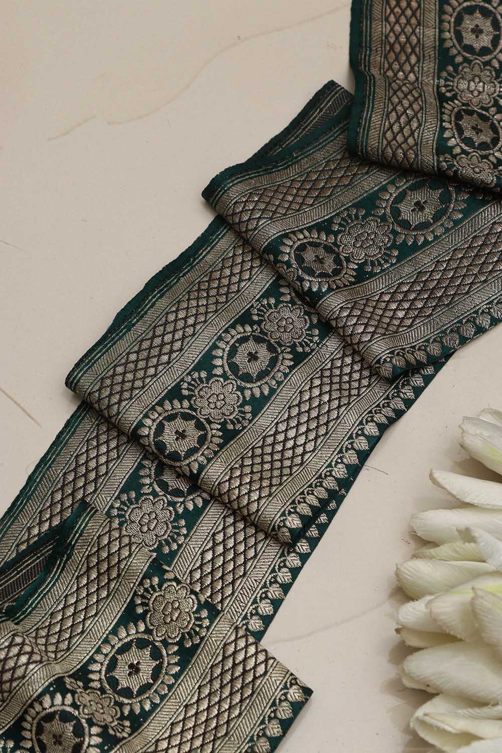 Green Banarasi Handloom Vintage Pure Silk Border ( 1 Mtr ) - Luxurion World