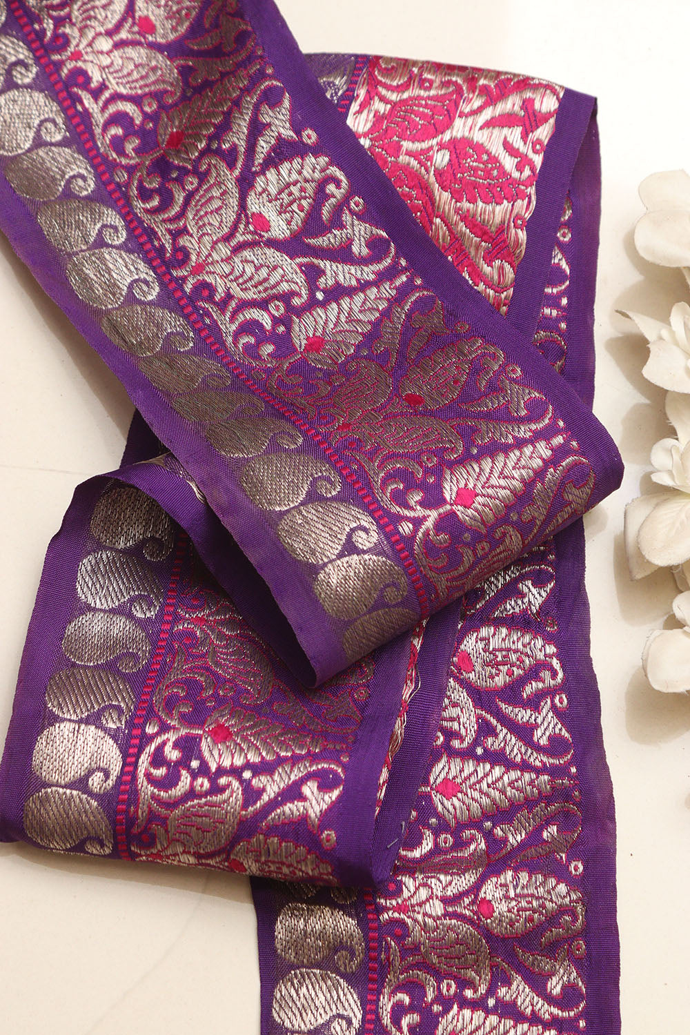 Exquisite Purple Banarasi Handloom Vintage Pure Silk Border Lace ( 1 Mtr ) - Luxurion World
