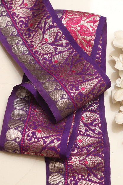 Exquisite Purple Banarasi Handloom Vintage Pure Silk Border Lace ( 1 Mtr ) - Luxurion World